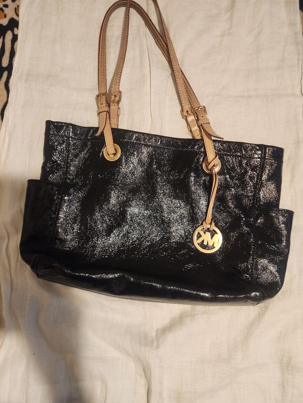 Michael Kors Black Patent Tote with Tan Shoulder Straps